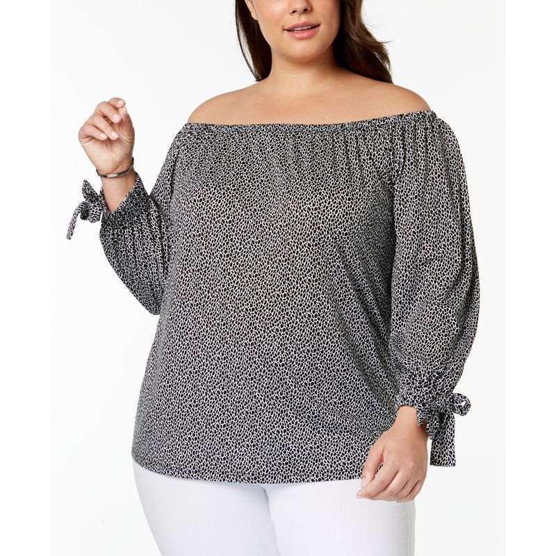 Michael Michael Kors Plus Size Leopard-Print Off-The-Shoulder Top (White Black,